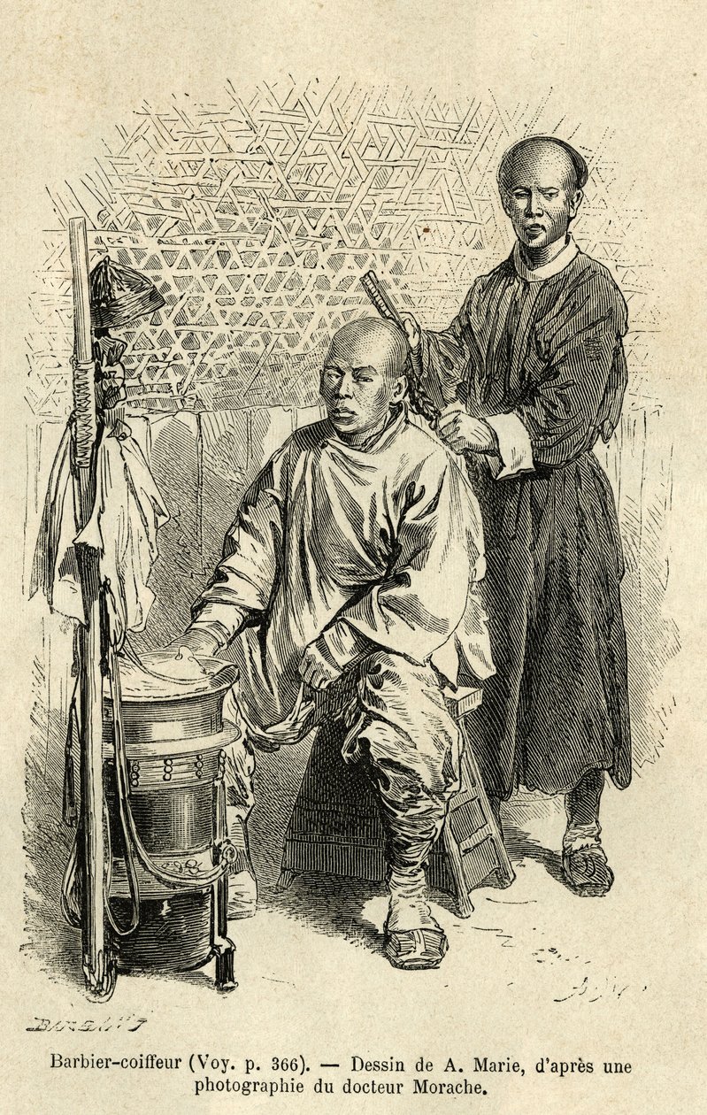 Een barbier in volle actie, een bank en cilindrische houten doos met compartimenten en een kom vormen zijn reisuitrusting. Gravure naar de tekening van A. Marie, ter illustratie van de reis naar Peking en Noord-China, door T. Choutze, in 1873, gepubliceerd door Adrien Emmanuel Marie
