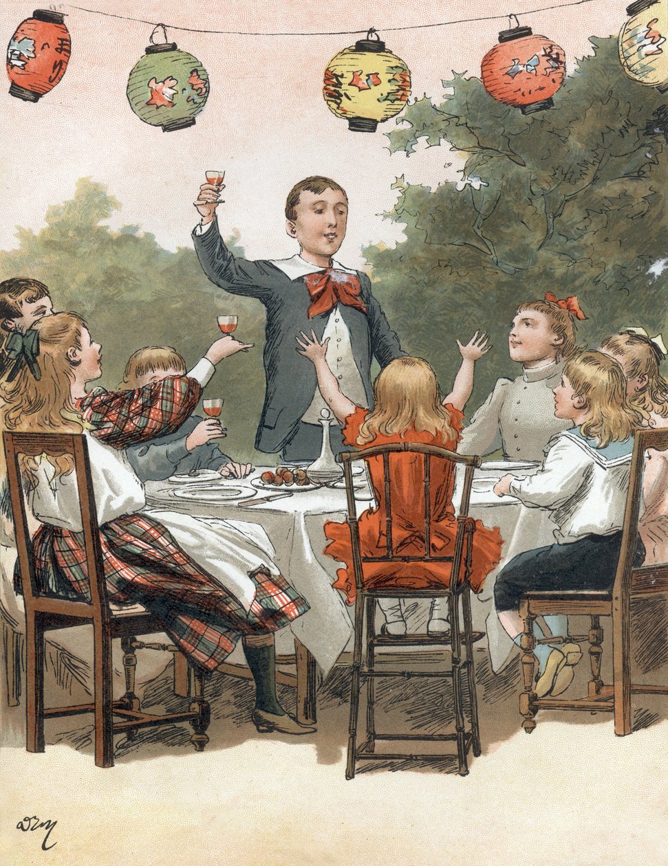 Een jonge jongen houdt een toespraak, kinderen klinken met glazen, illustratie door Adrien Marie in het boek Tout a la joie door Zari, Emile Guerin publicatie 1890 door Adrien Emmanuel Marie