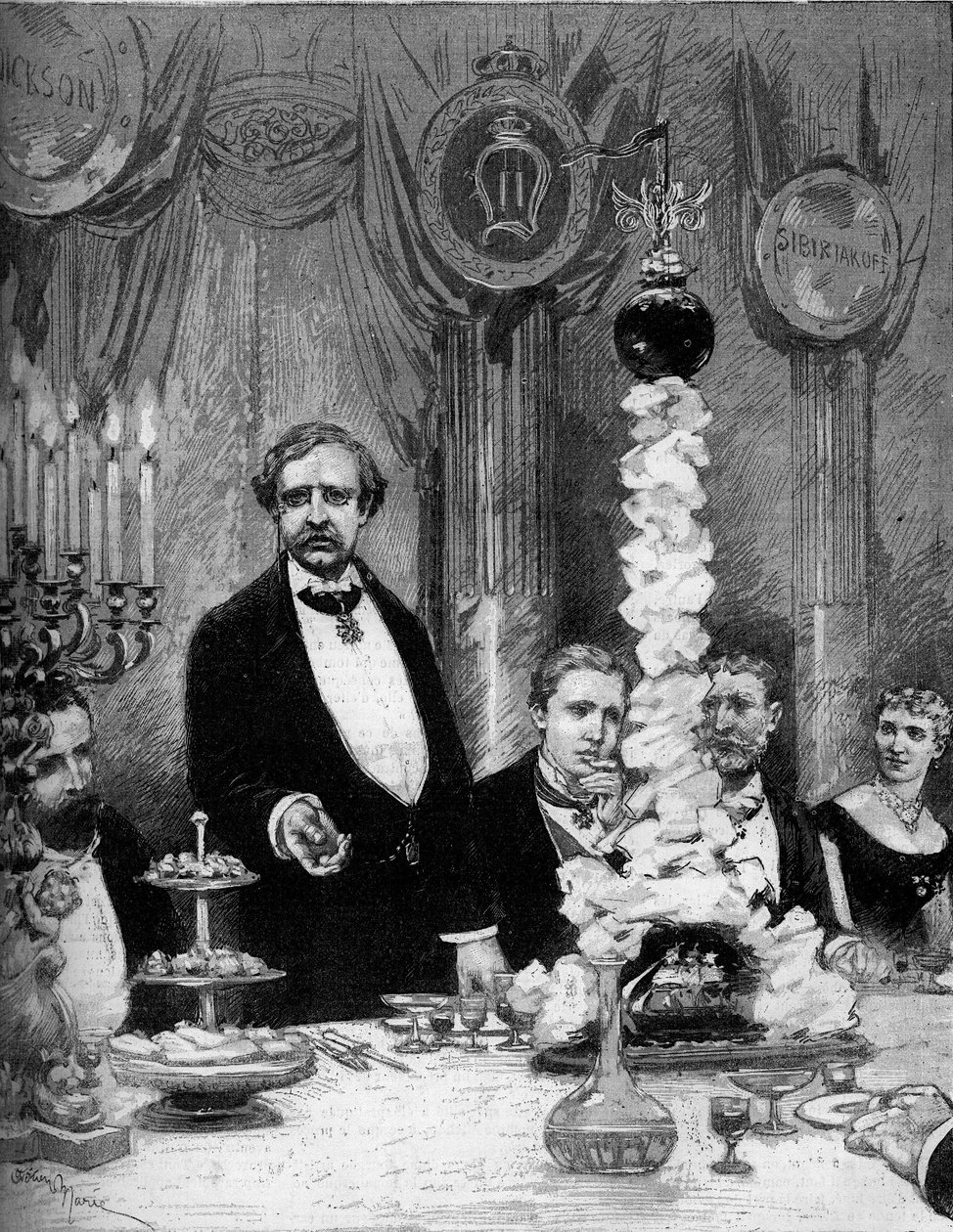 Banket aangeboden door de Scandinavische kolonie van Parijs ter ere van de ontdekkingsreiziger Nils Adolf Erik (Eric) Baron Nordenskjold (Nordenskiold) (1832-1901) in het Hotel Continental. Aanwezig zijn: Graaf Kapnitz, Professor Nordenskjold, Prins Oscar  door Adrien Emmanuel Marie
