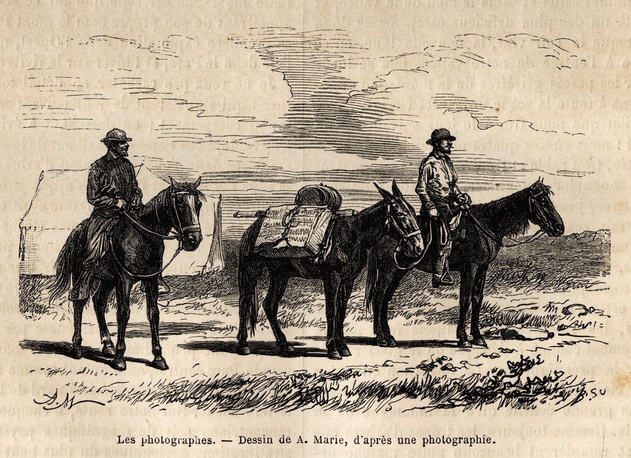 Fotografen van de Amerikaanse geologische missie, te paard, zorgvuldig verpakt materiaal klaar voor een nieuwe etappe, gravure naar de tekening van A. Marie, ter illustratie van een reeks geografische missies door het Amerikaanse Nationale Park, van 1870 t door Adrien Emmanuel Marie