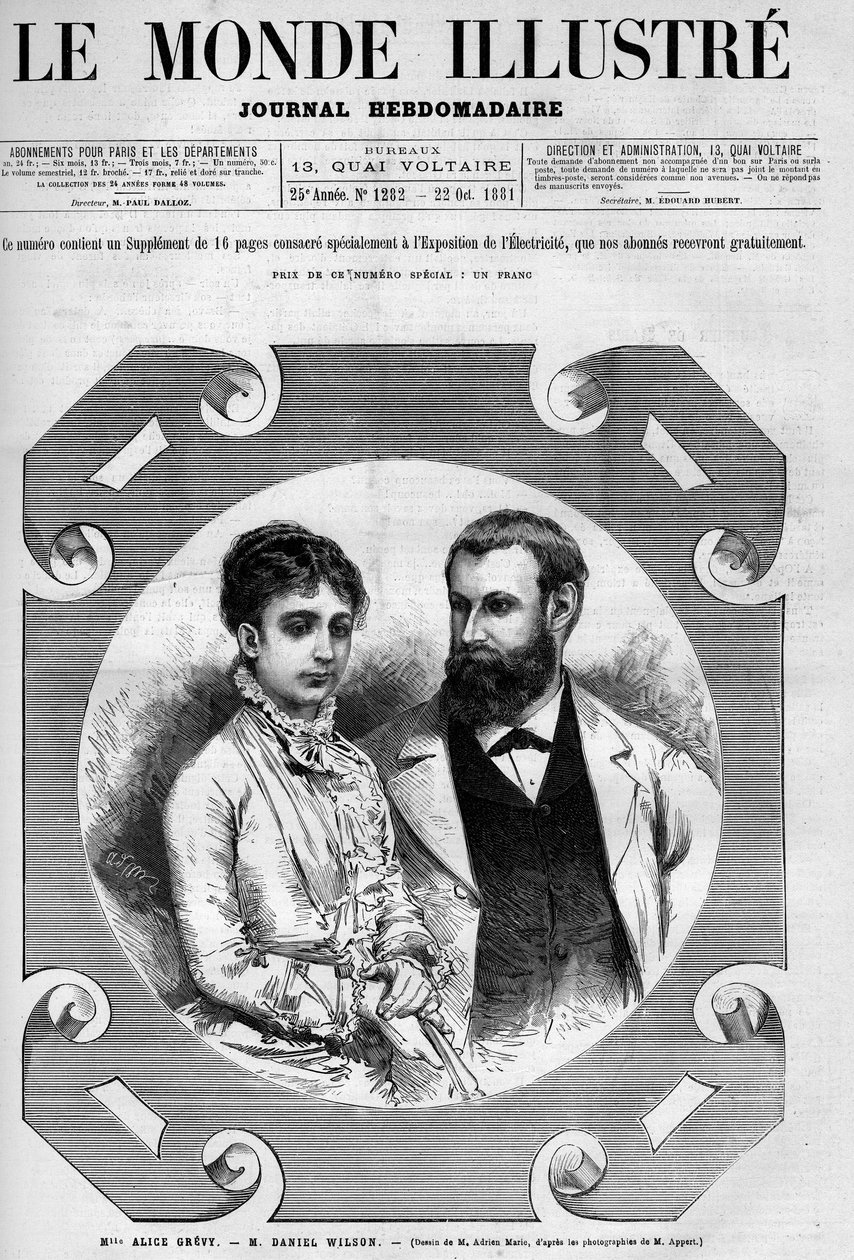 Portret van Daniel Wilson (1840-1919), Franse politicus met zijn vrouw, Alice Grevy. Gravure door Adrien Marie. Een van "The Illustrious World" No. 1282 van 22 oktober door Adrien Emmanuel Marie