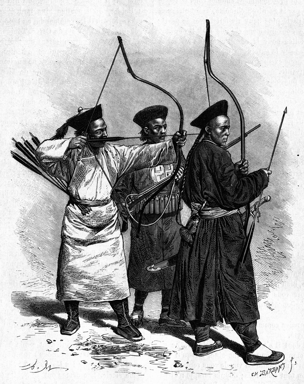 Portretten van drie Chinese boogschutters in traditionele kostuums, in de jaren 1870. Gravure naar een tekening van Marie, naar een foto van Thomson, in Le Tour du Monde, Nouveau journal des Voyages, onder redactie van Edouard Charton, Parijs door Adrien Emmanuel Marie