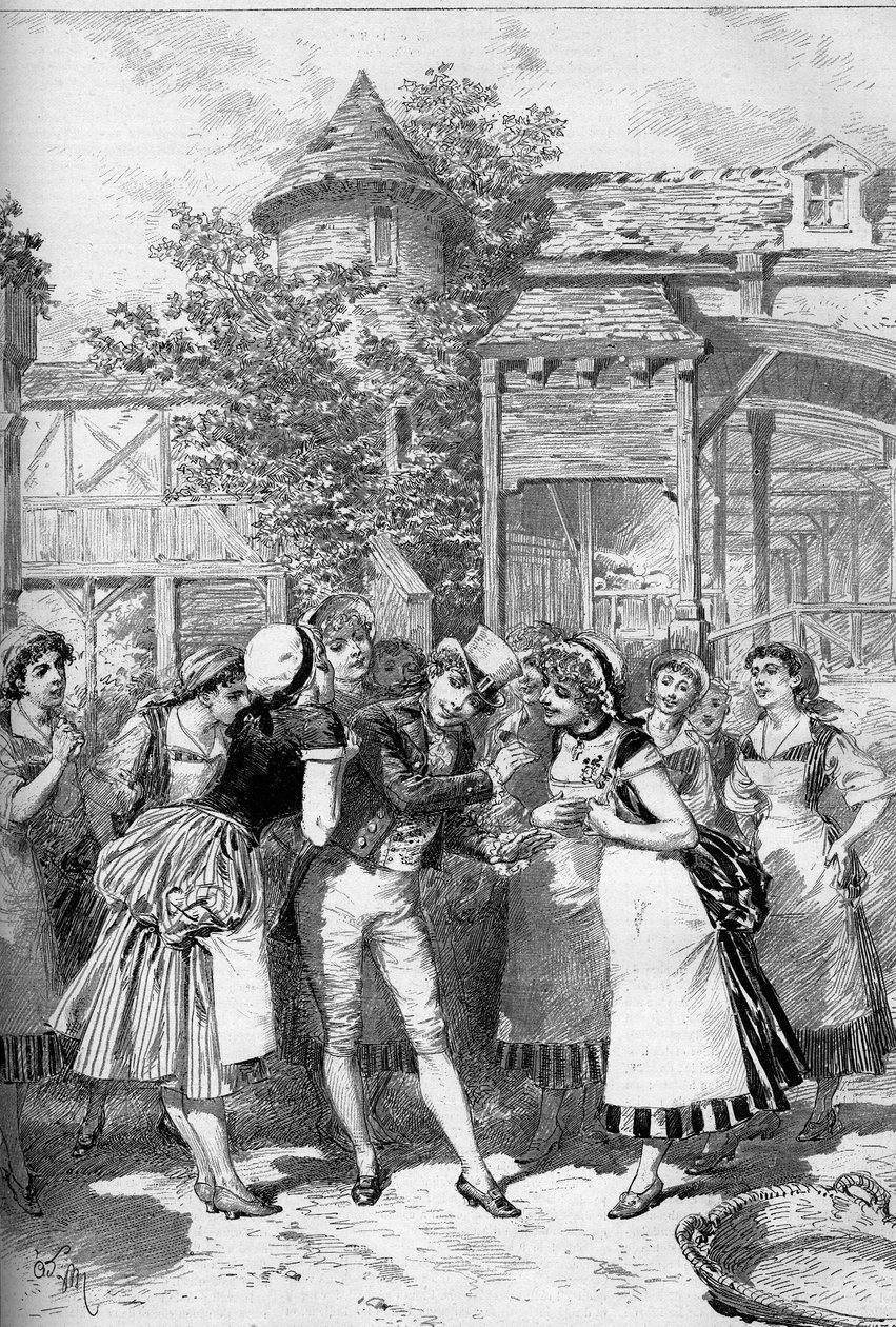 De mooie Nicolas omringd door de meisjes van het dorp. Juliette Simon-Girard in de rol van Nicolas voor de opera 