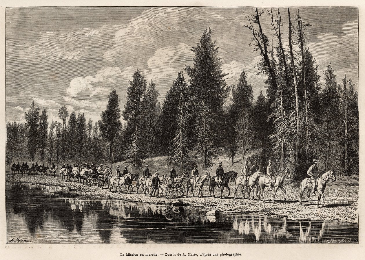 De hele geografische missie, op weg naar Mount Hayden, langs de Henri River, gegraveerd naar de tekening van A.Marie, ter illustratie van een reeks geografische missies door het National Park van de Verenigde Staten, van 1870 tot 1872, door de heren Hayden door Adrien Emmanuel Marie