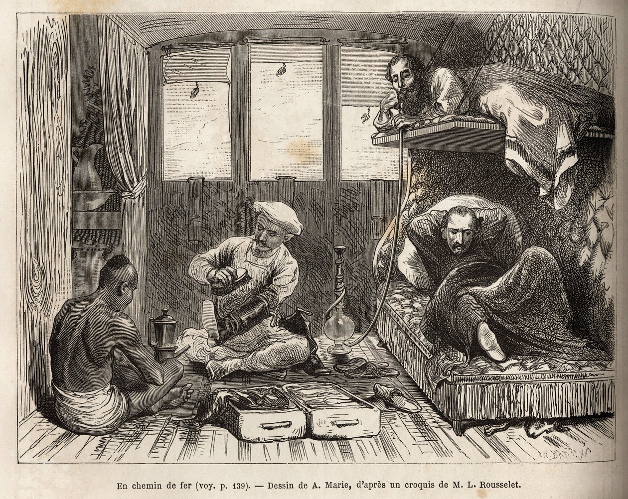 Het interieur van een slaapwagon van de Oost-Indische Spoorweg, op de route naar Azimgange, in een groot compartiment, een verwijderbare slaapplaats en een wasruimte, evenals het personeel van de wagon die het comfort van de passagiers bewaakt, beschikbaar door Adrien Emmanuel Marie