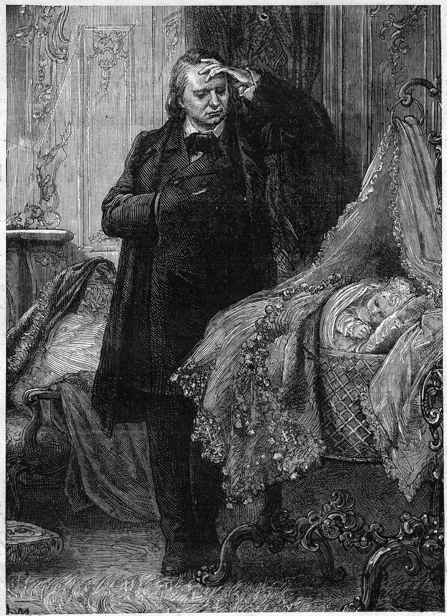 Victor Hugo observeert een kind dat in zijn wieg slaapt. Illustratie van 