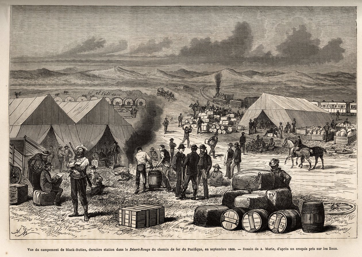 Zicht op het Black Buttes-kamp, laatste station in de rode woestijn (Mojave-woestijn) van de Pacific Railway, in september 1868, gravure naar de tekening van A. Marie, ter illustratie van de reis van Washington naar San Francisco, in 1868, door L. Simonin, door Adrien Emmanuel Marie