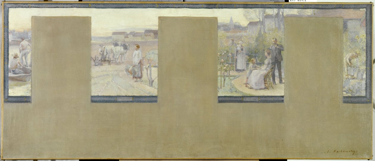 Schets voor het stadhuis van Nogent-sur-Marne: Le canotage - le labourage - la villégiature - le jardinage, in 1889 door Adrien Karbowsky