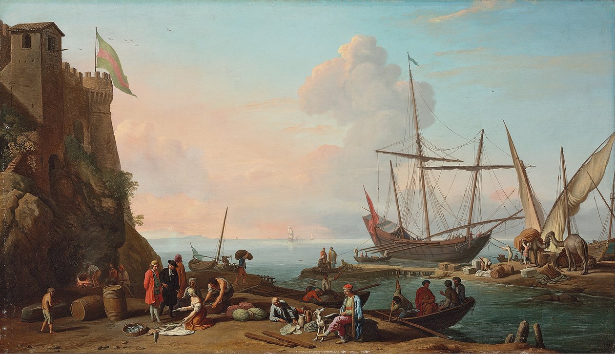 Een mediterrane haven met sjouwers die hun schepen lossen, figuren die vis verkopen op de voorgrond bij een fort door Adrien Manglard