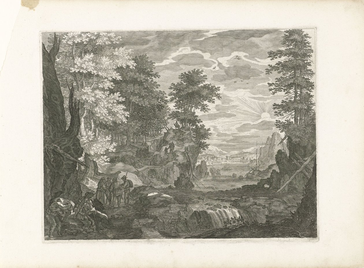 Waterval met een stad op de achtergrond door Aegidius Sadeler (II) (attributed to)