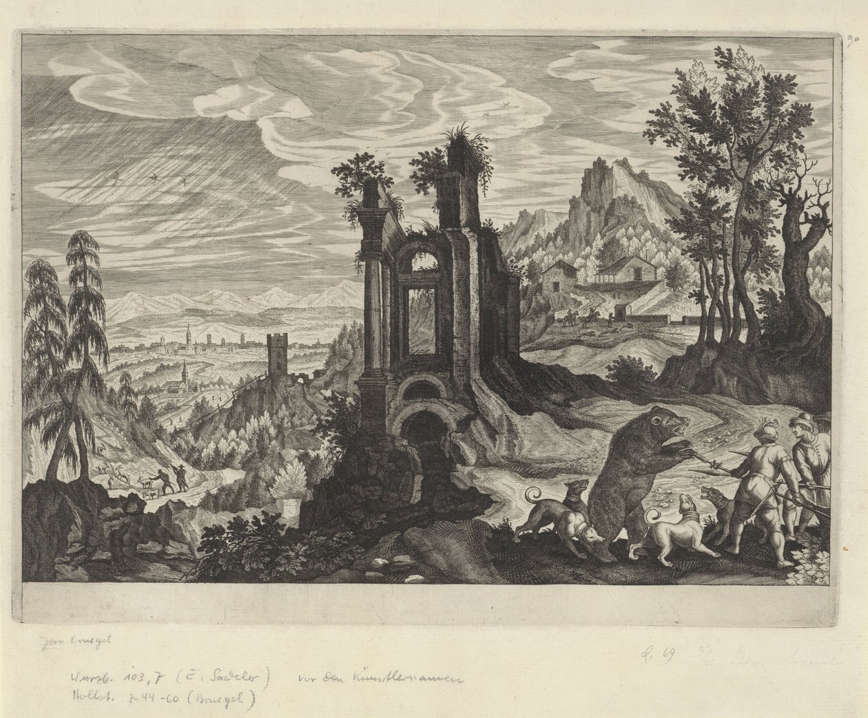 Landschap met berenjacht door Aegidius Sadeler (II) (rejected attribution)
