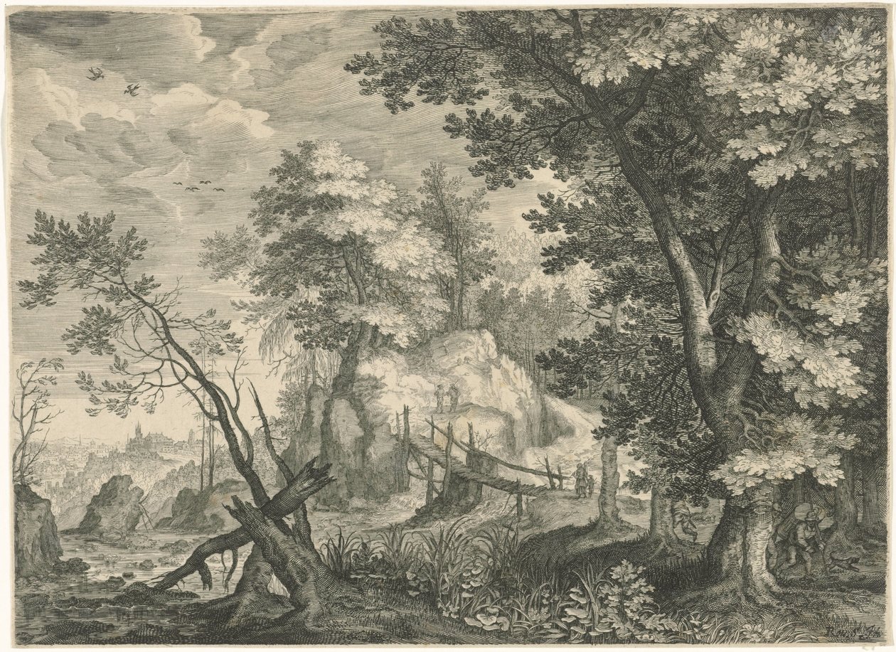 Boslandschap met houten brug door Egidius  Sadeler (II)