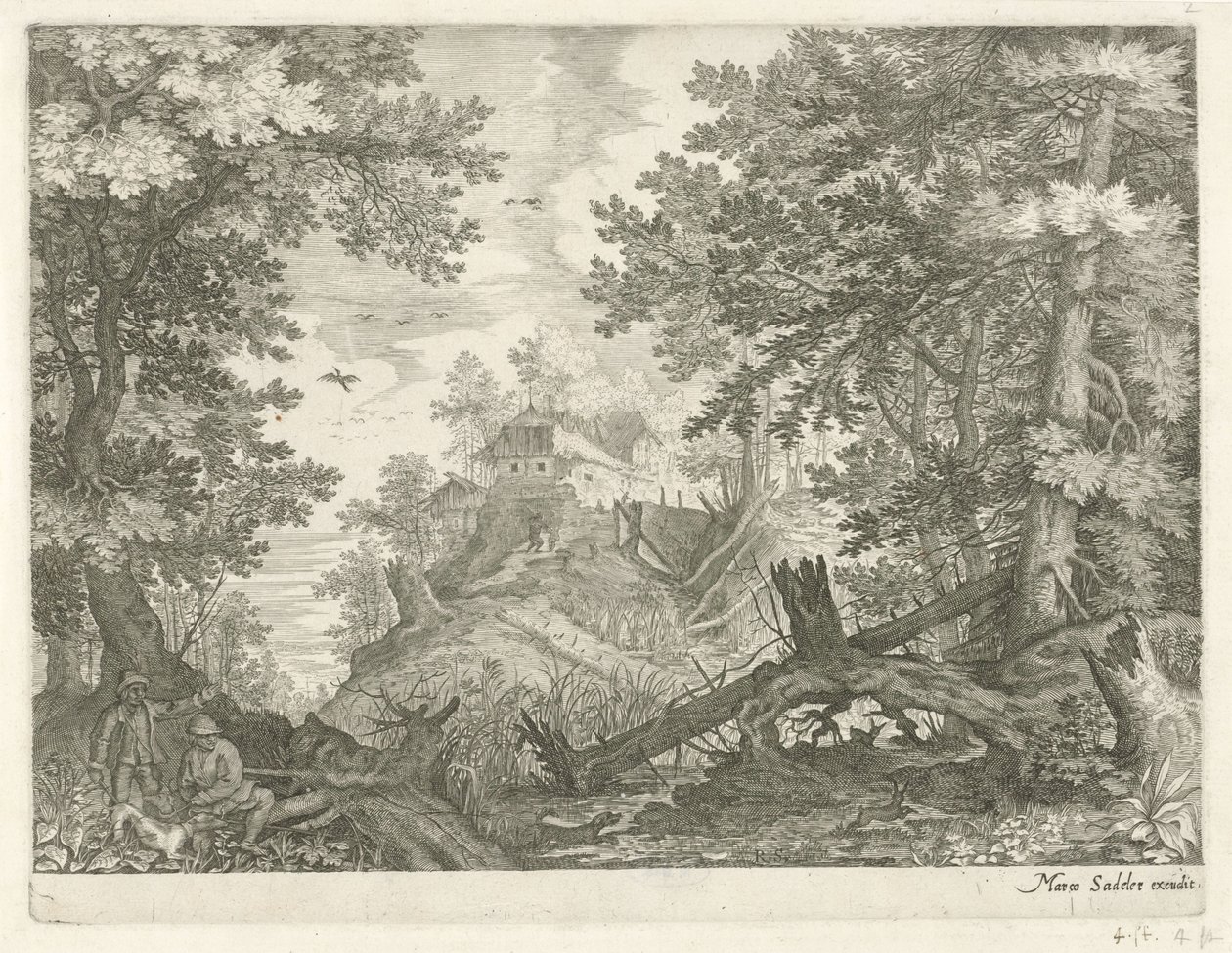 Boslandschap met twee jagers en een hond door Egidius  Sadeler (II)