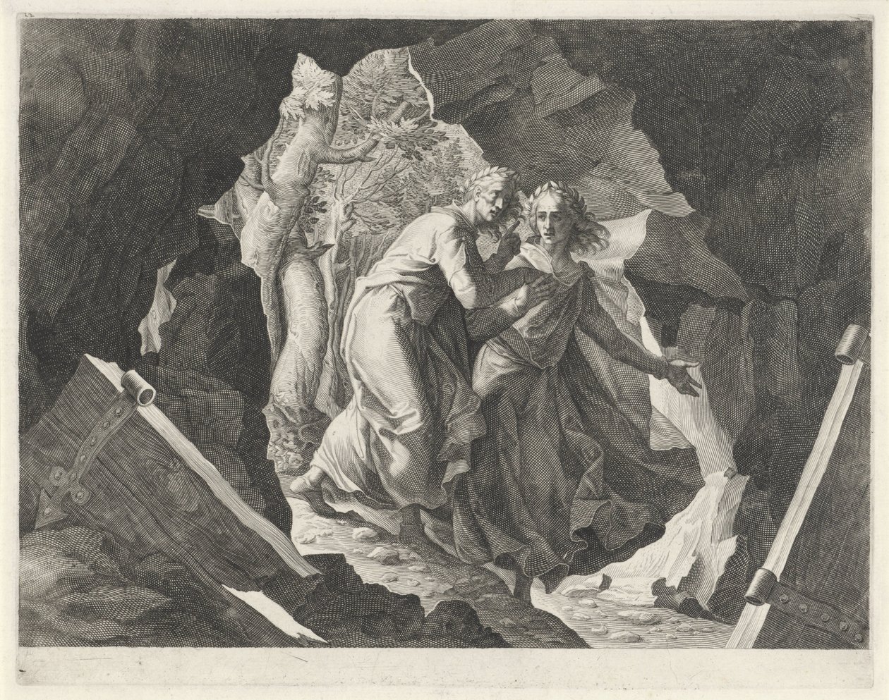 Dante en Vergilius betreden de hel door een poort door Egidius  Sadeler (II)