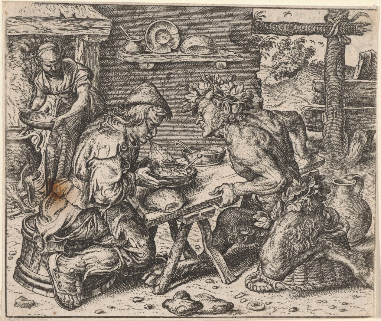 Fabel van de boer en de sater door Egidius  Sadeler (II)