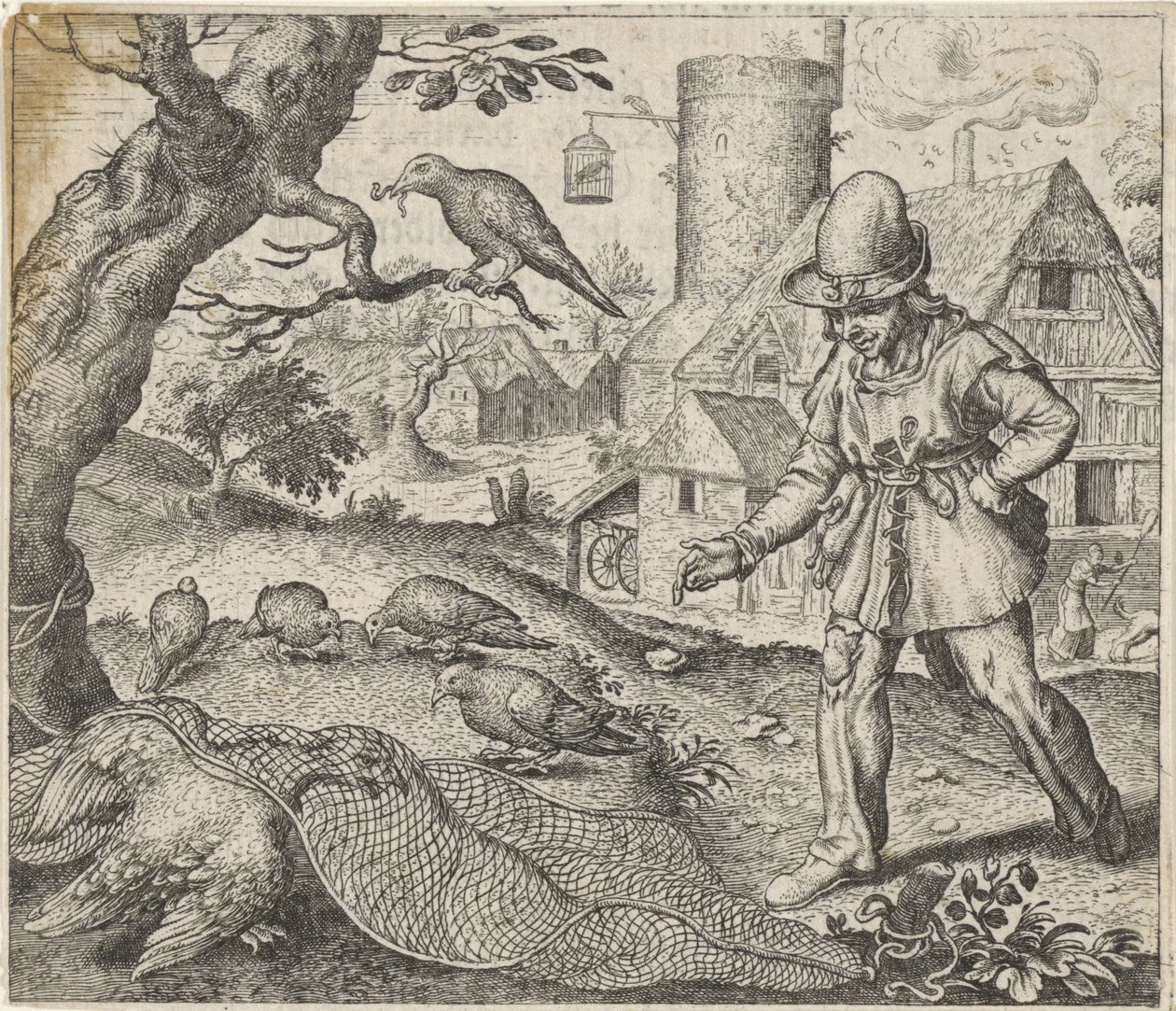 Fabel van de kiekendief en de koekoek door Egidius  Sadeler (II)