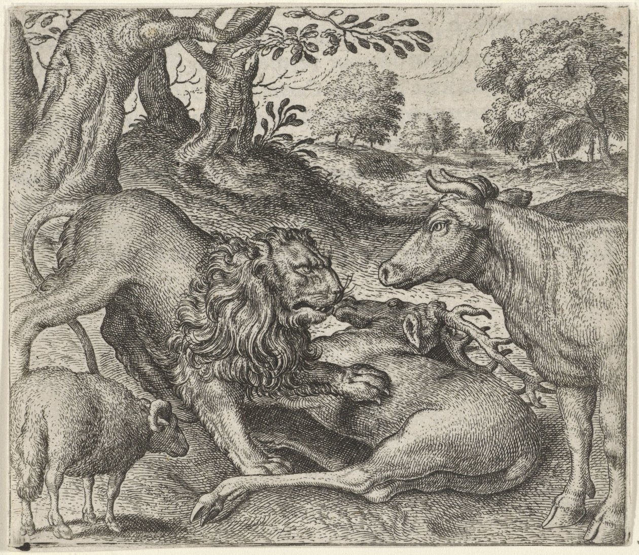 Fabel van de leeuw, de koe en het schaap op jacht door Egidius  Sadeler (II)