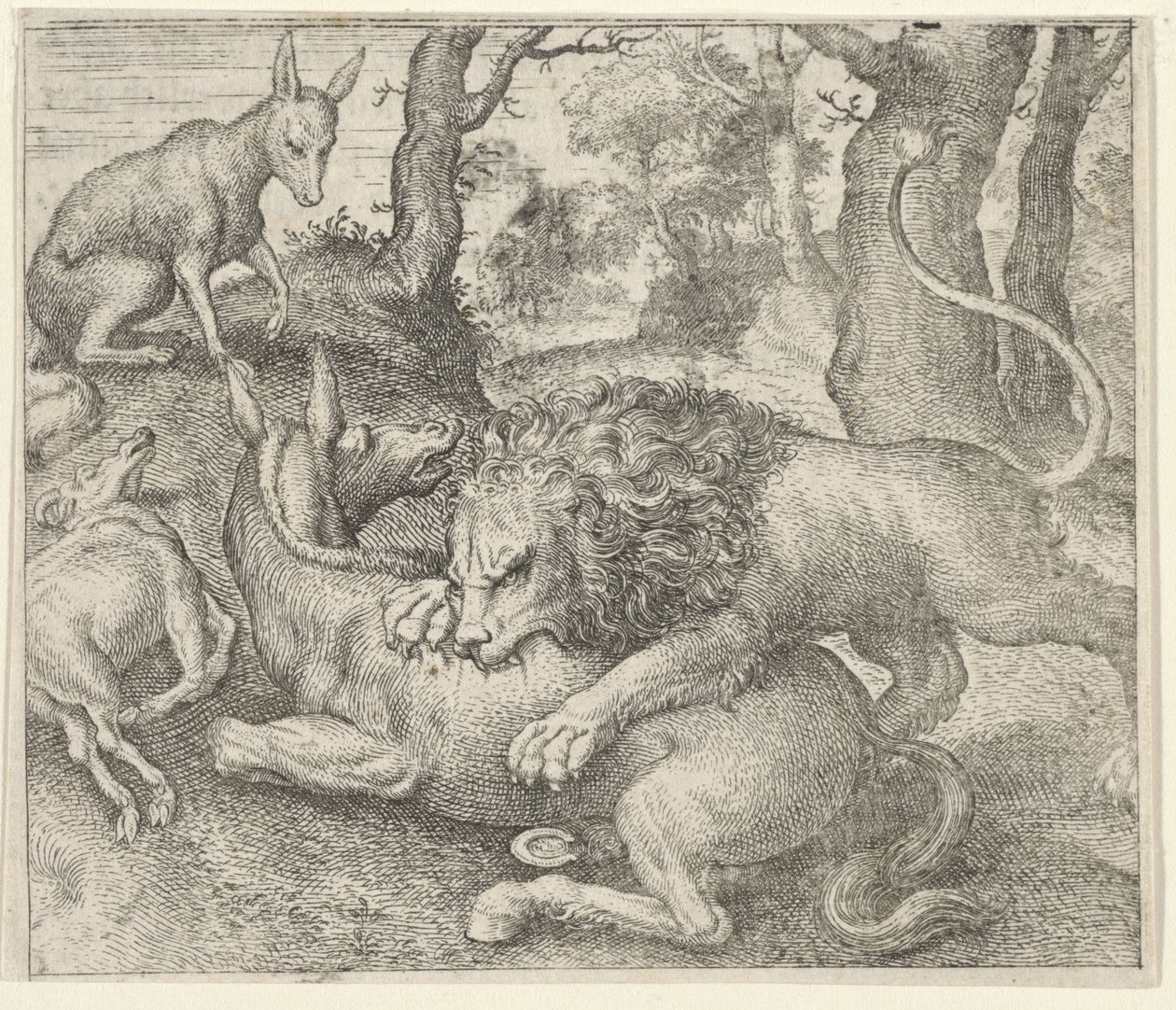 Fabel van de leeuw en de vos door Egidius  Sadeler (II)