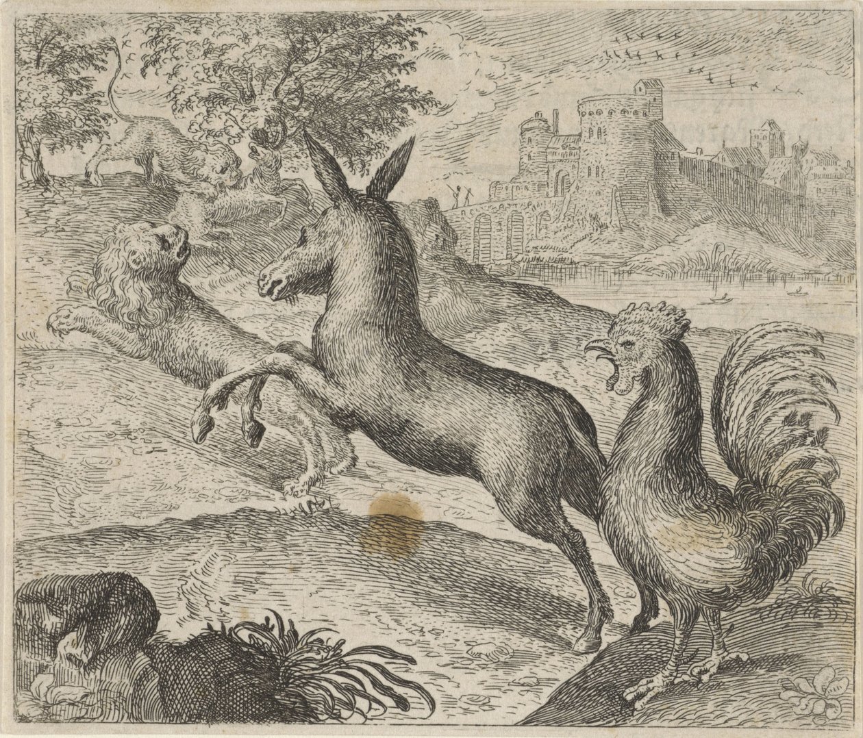 Fabel van de leeuw, ezel en haan door Egidius  Sadeler (II)