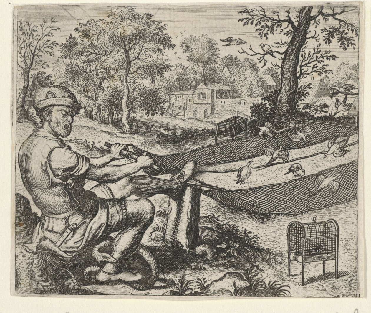 Fabel van de vogelvanger en de slang door Egidius  Sadeler (II)
