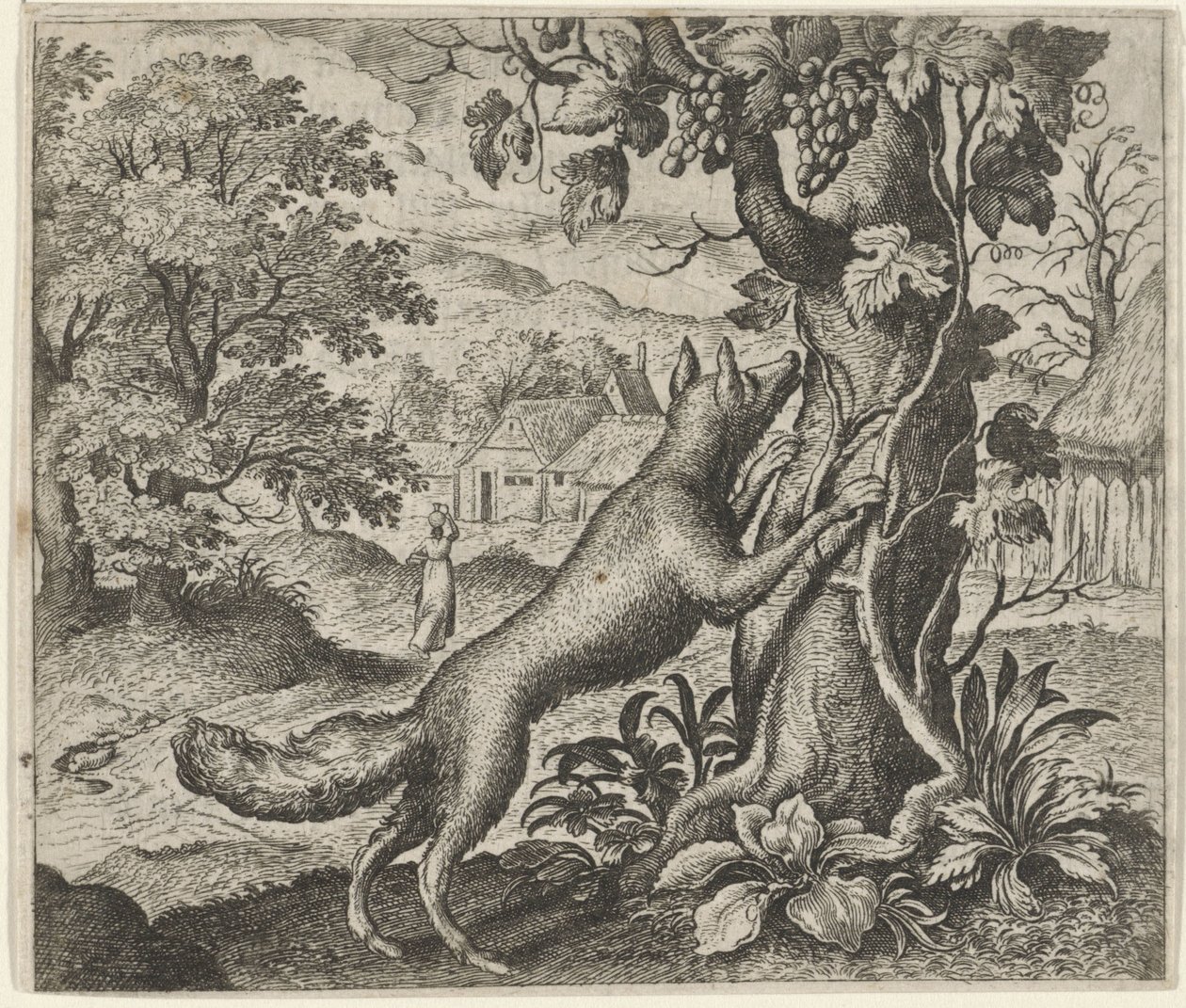 Fabel van de vos en de druiven door Egidius  Sadeler (II)