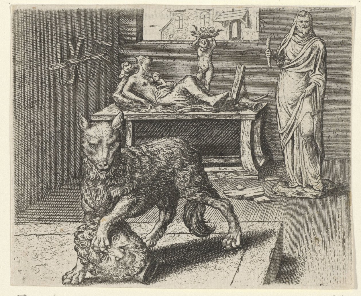 Fabel van de wolf en het standbeeld door Egidius  Sadeler (II)