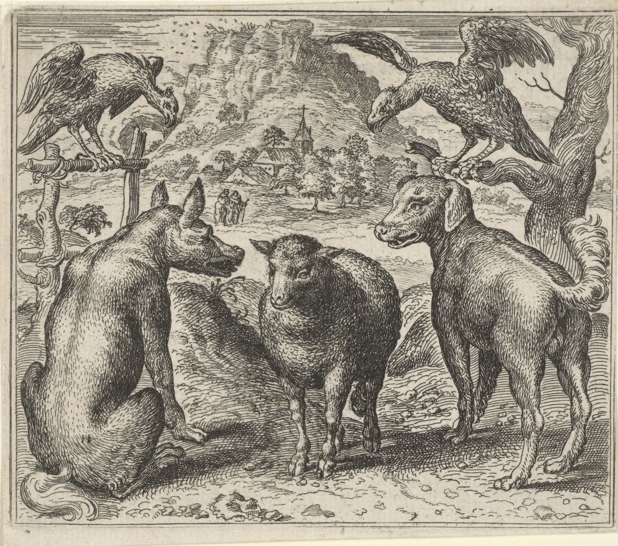 Fabel van de wolf en zijn rechtszaak tegen het schaap door Egidius  Sadeler (II)