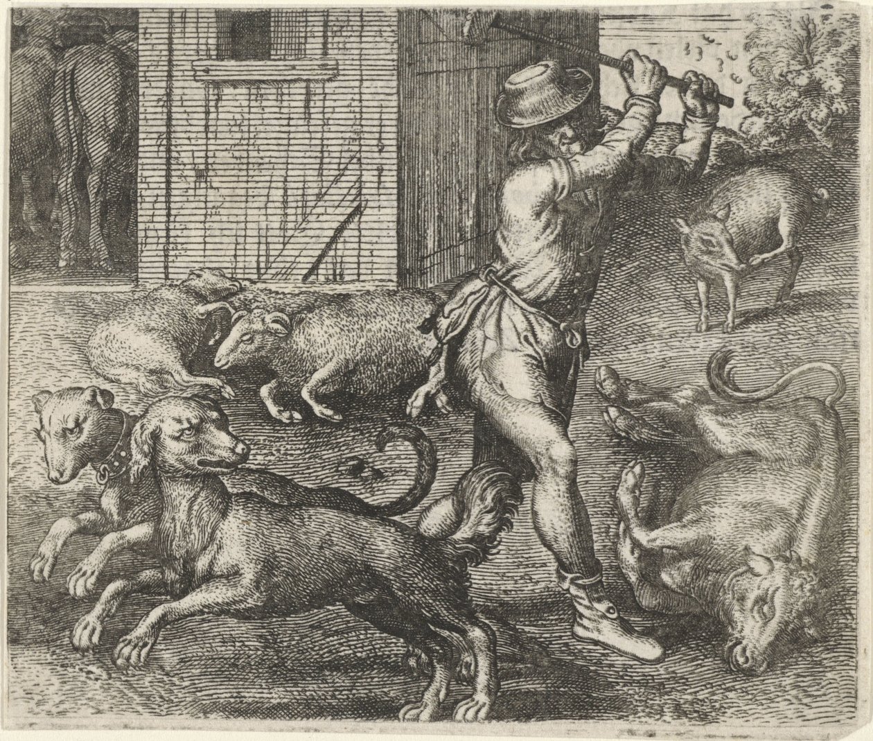 Fabel van een boer en zijn honden door Egidius  Sadeler (II)