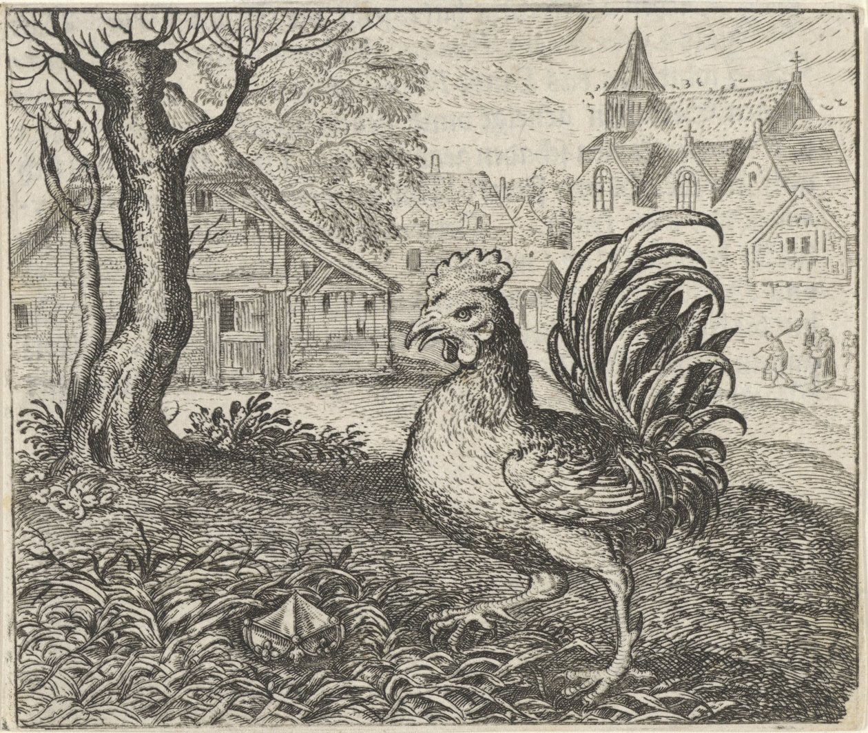 Fabel van de haan en de diamant door Egidius  Sadeler (II)