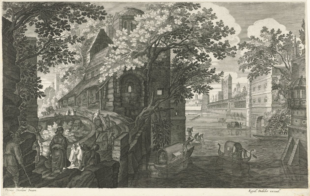 Gondels op een kanaal door Egidius  Sadeler (II)