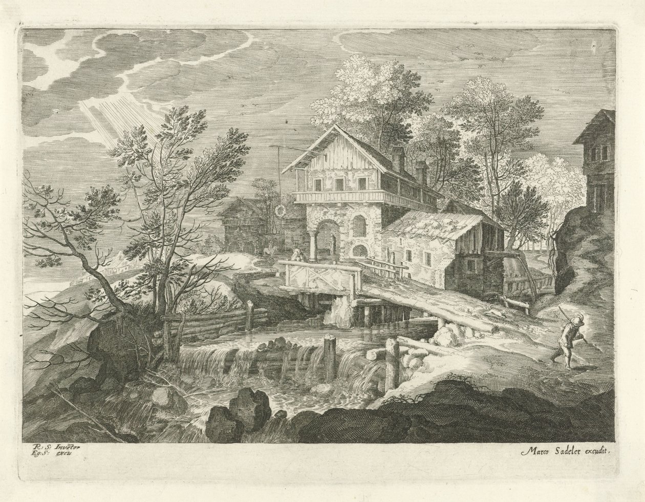 Herberg en enkele huizen bij een brug door Egidius  Sadeler (II)