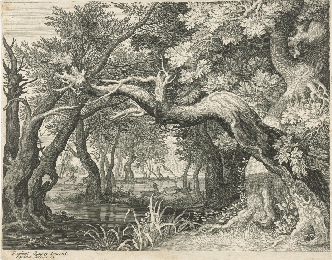 Hertenjacht bij een bosmeer door Egidius  Sadeler (II)