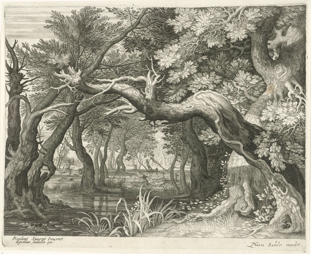 Hertenjacht bij een bosmeer door Egidius  Sadeler (II)