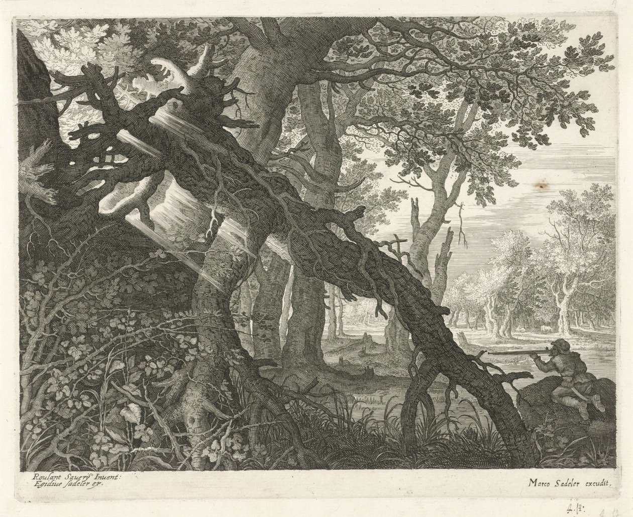 Konijnenjacht in een boslandschap door Egidius  Sadeler (II)
