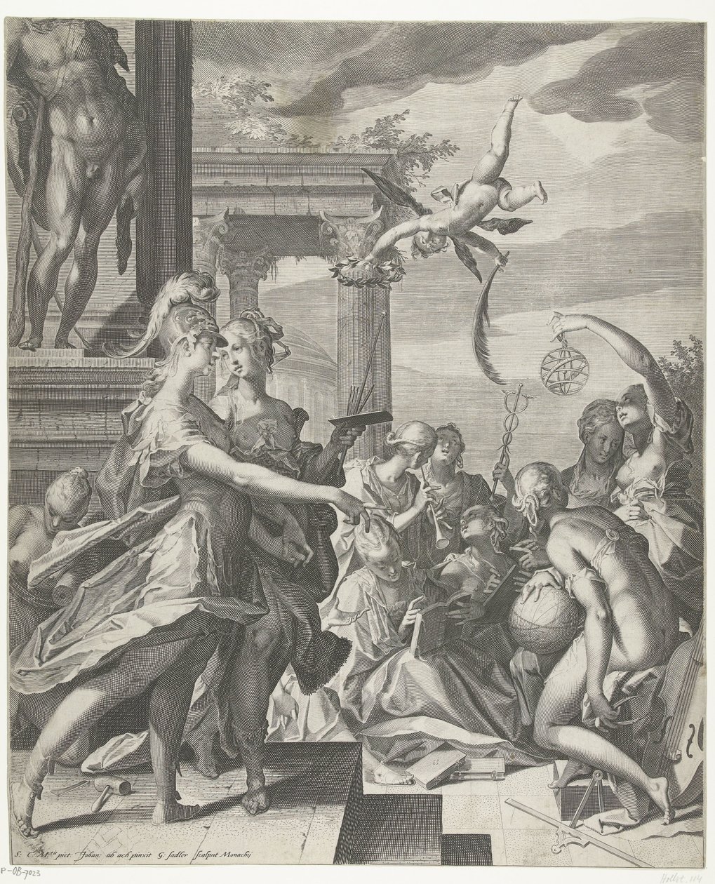 Minerva vergezelt de Schilderkunst naar haar plaats bij de wetenschappen door Egidius  Sadeler (II)