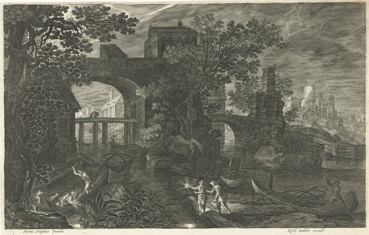 Nachtelijk tafereel met vissers op een rivier door Egidius  Sadeler (II)