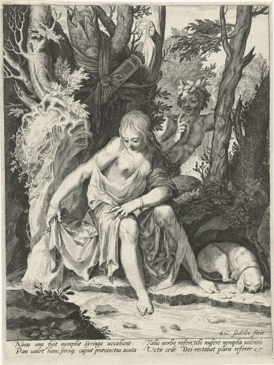 Pan bespiedt de nimf Syrinx door Egidius  Sadeler (II)