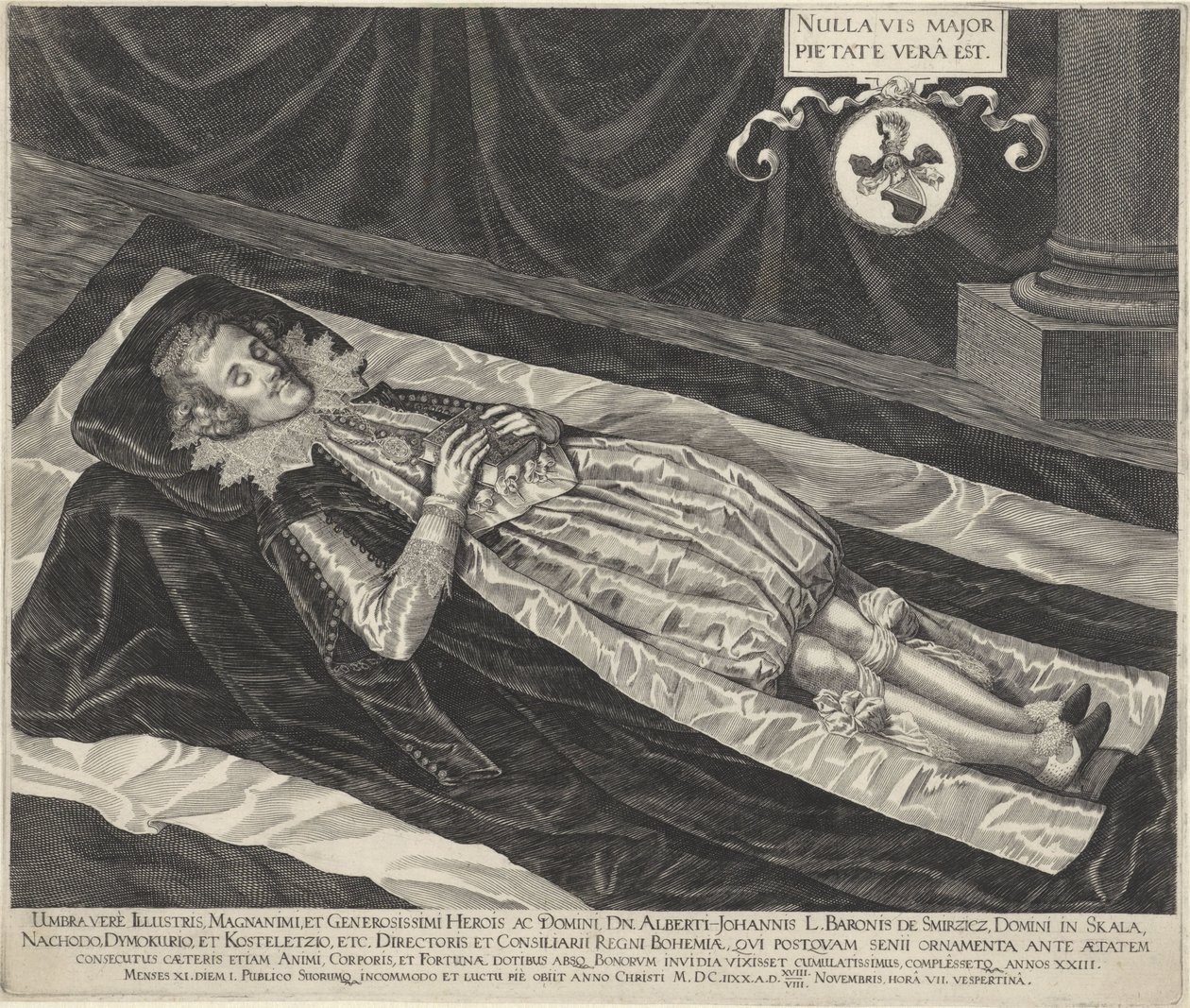 Portret van Albert-Johannes, baron van Smirzicz op zijn doodsbed door Egidius  Sadeler (II)