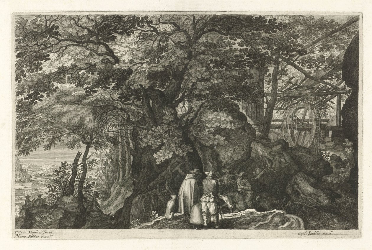 Rivier met rotsen en een watermolen door Egidius  Sadeler (II)