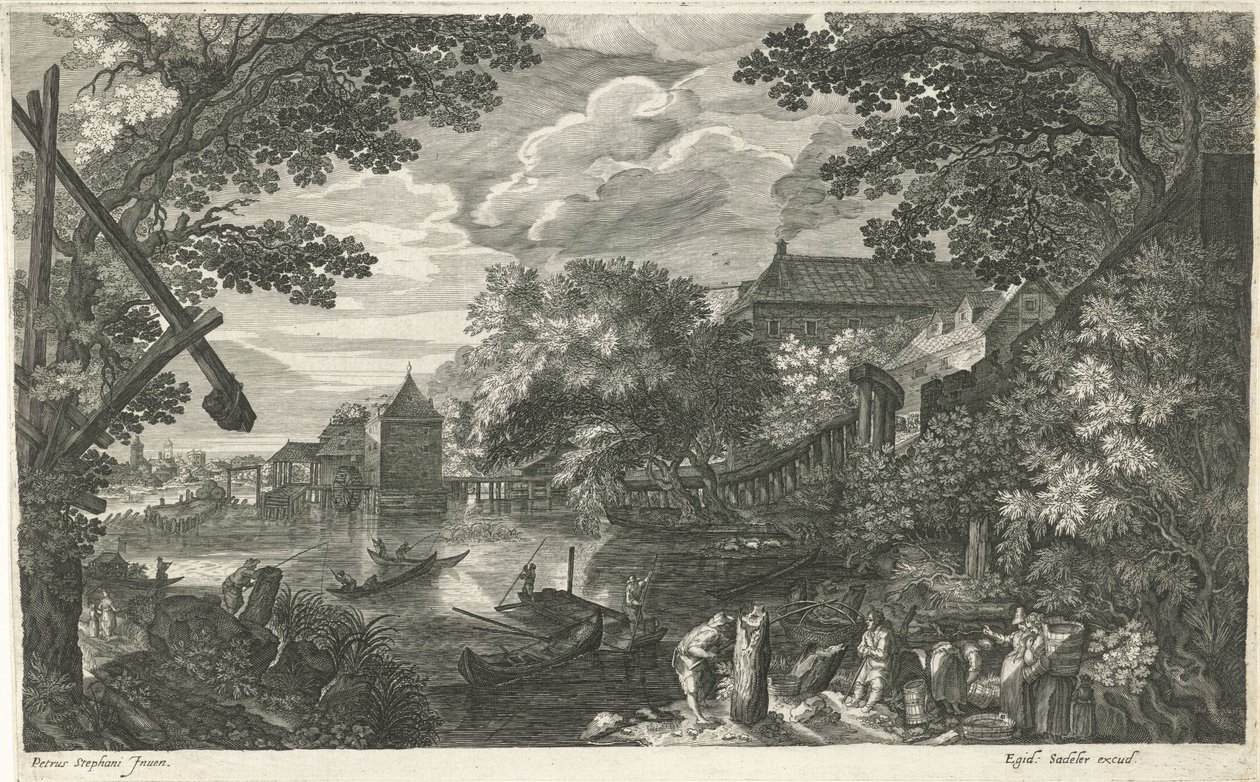 Rivierlandschap met vissers en werklui door Egidius  Sadeler (II)