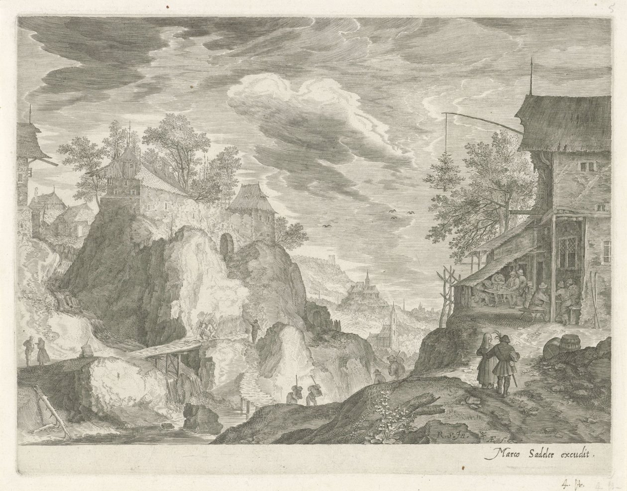 Rotslandschap met herberg en huizen door Egidius  Sadeler (II)