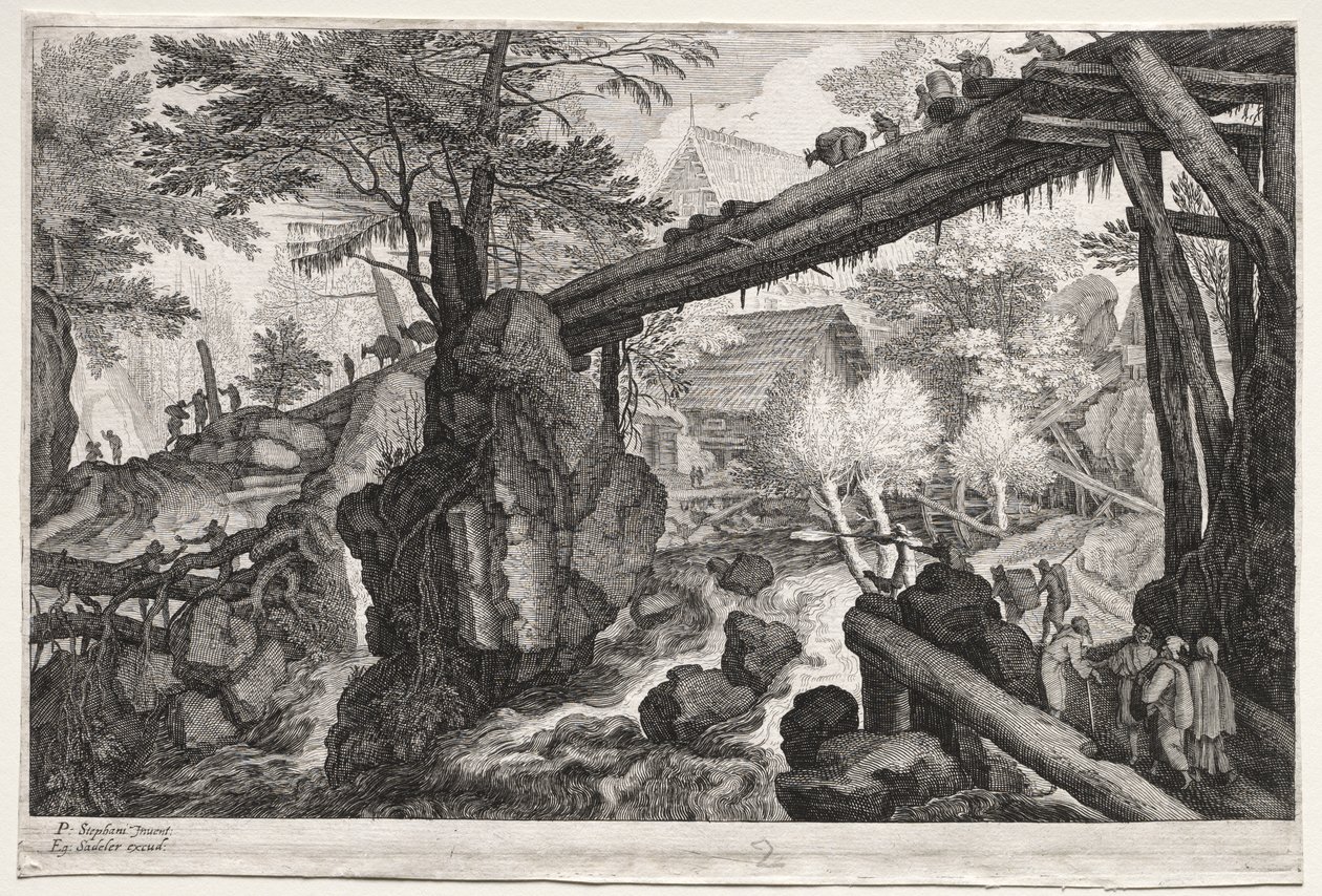 Acht Boheemse Landschappen: Landschap met Houten Brug over Waterval door Aegidius Sadeler