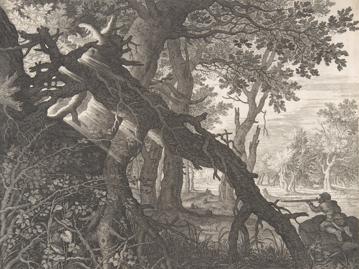 Een bos met een konijnenjacht door Aegidius Sadeler II