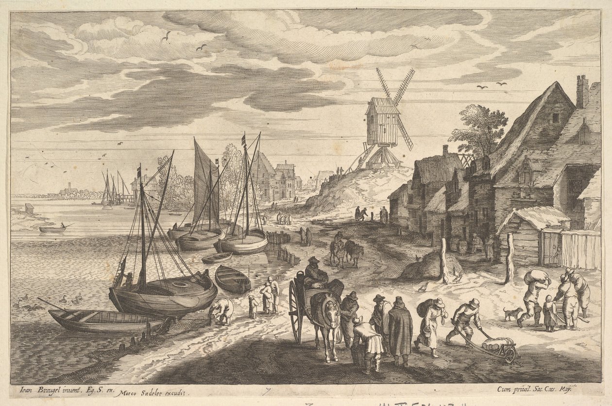 Kustscène met een windmolen door Aegidius Sadeler II