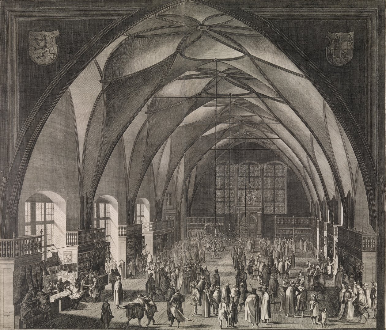 Interieur van Vladislav Hall in Praagse Burcht tijdens de Jaarlijkse Beurs, 1607 door Aegidius Sadeler II