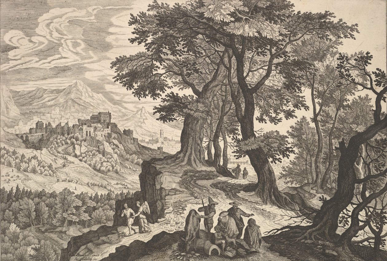 Landschap met Tobias en de Engel en Zigeuners door Aegidius Sadeler II