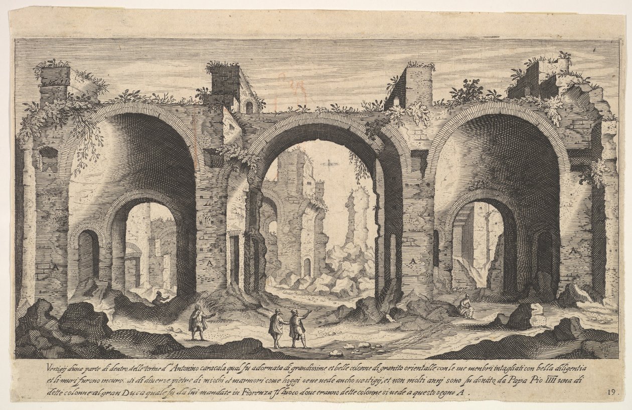 Zicht op de Baden van Caracalla, met inscriptie letter A door Aegidius Sadeler II