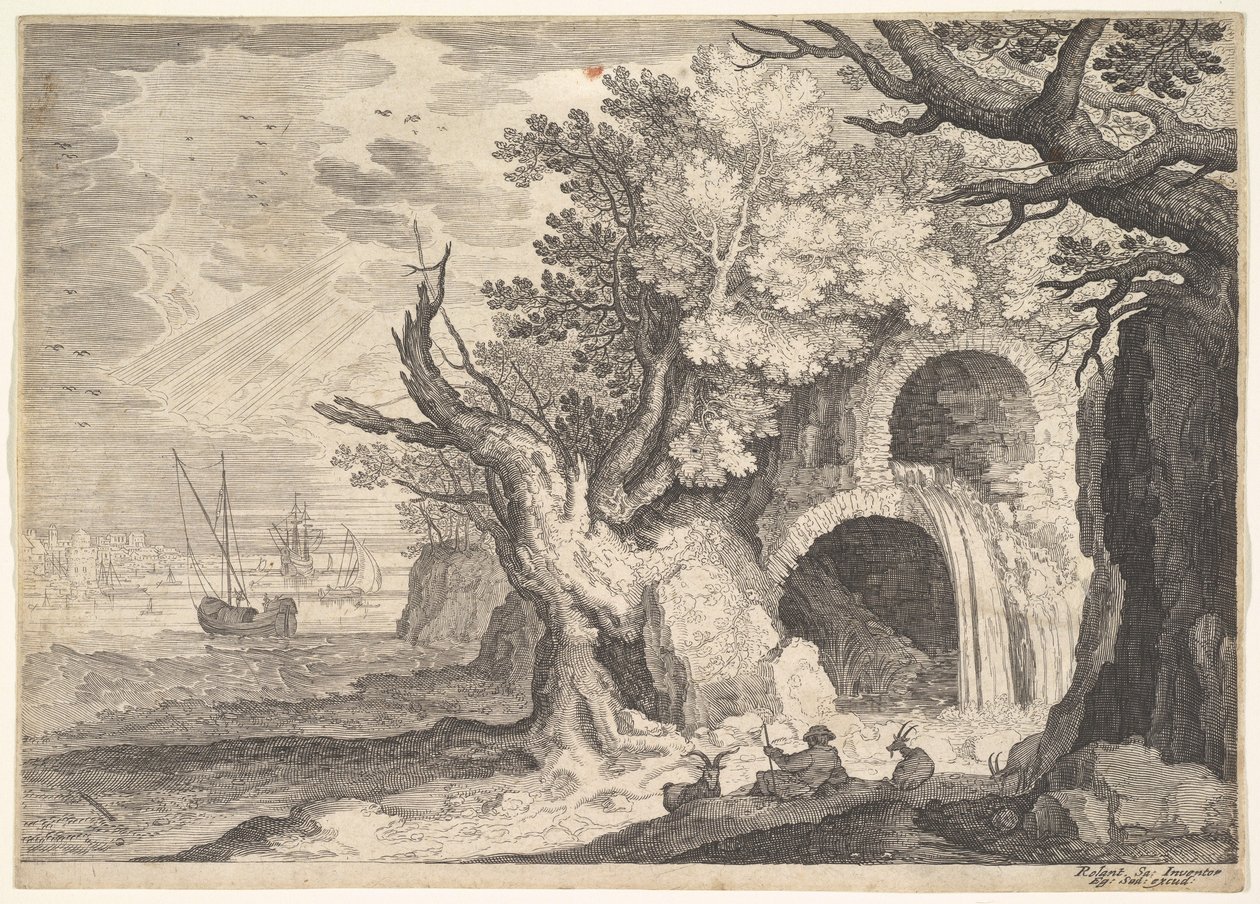 Vernield aquaduct met water dat naar een stroom beneden stroomt, schepen op zee daarachter... door Aegidius Sadeler II