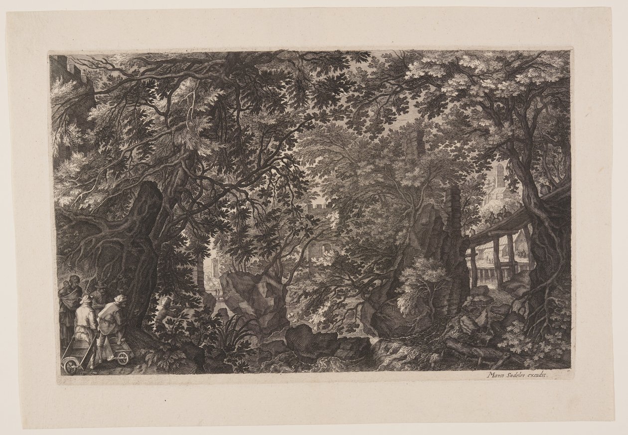 Achtste scène: Een bos met een houten brug, uit Acht scènes uit Bohemen door Aegidius Sadeler II