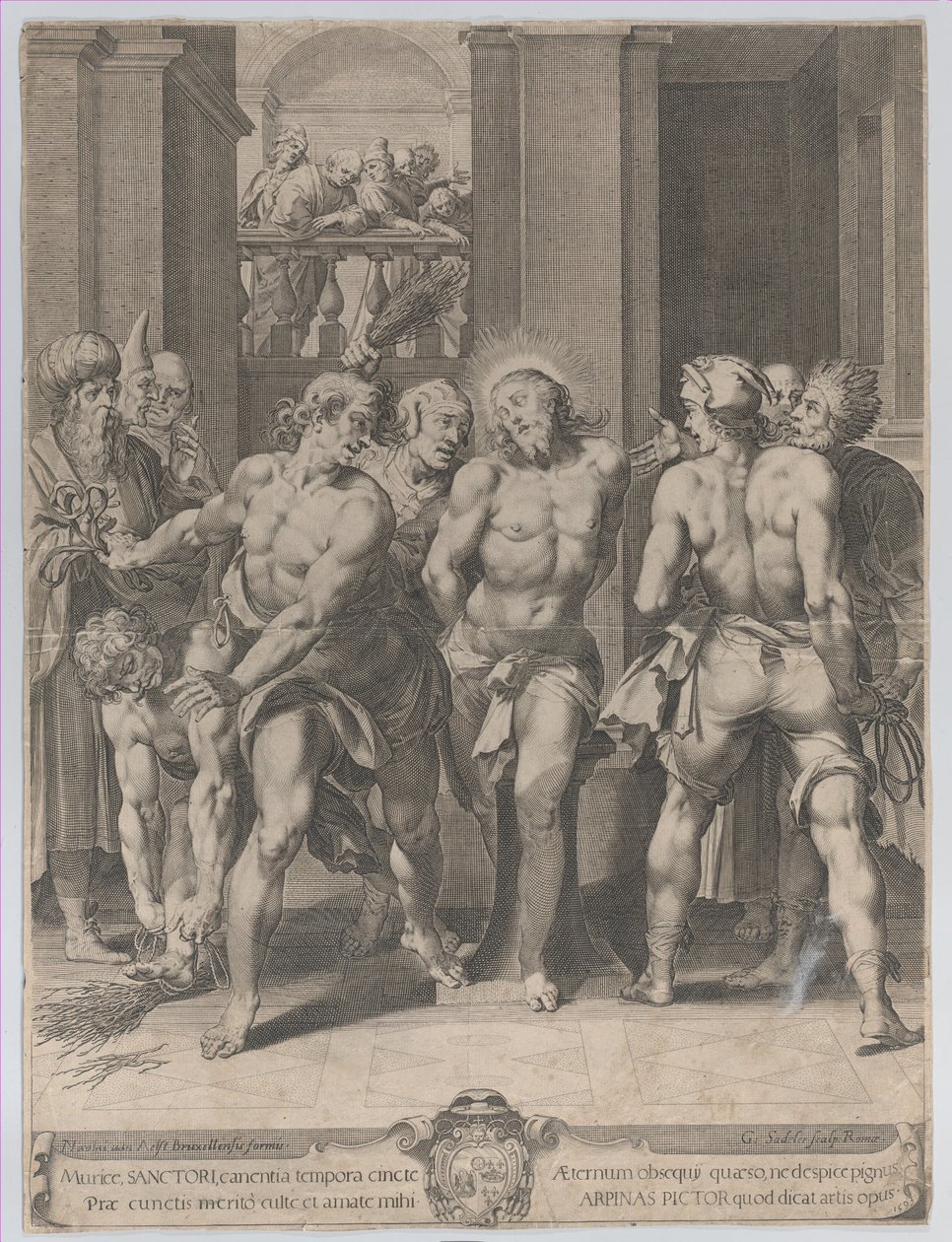 De geseling van Christus, met geselaars aan beide zijden en figuren die vanaf een balkon toekijken, 1593 door Aegidius Sadeler II